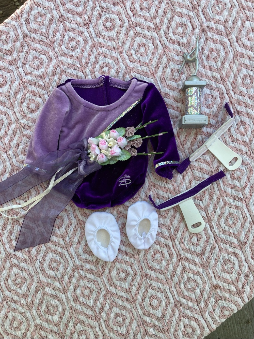 American Girl of Today Purple Velvet Gymnastics Leotard, shoes, Trophy, Bouquet